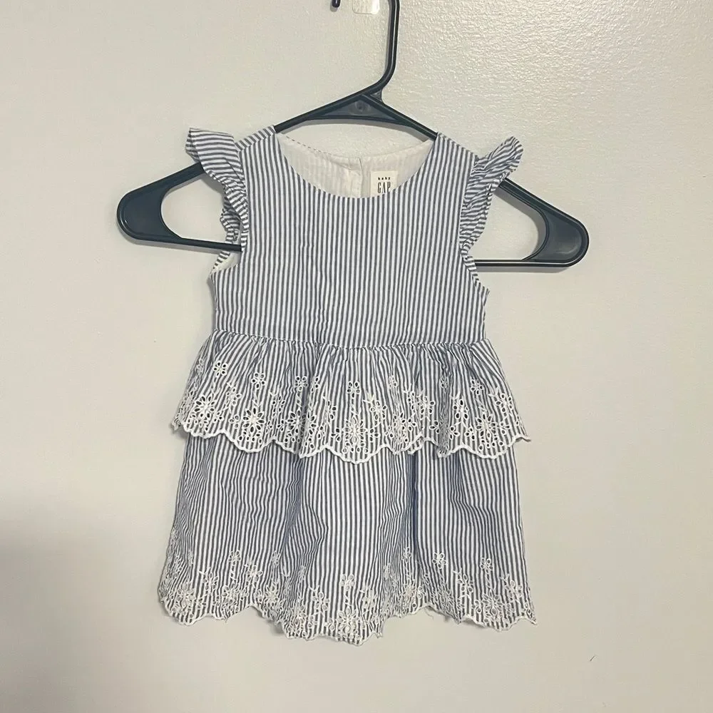 Baby GAP girl white blue stripe eyelet dress 18-24 months